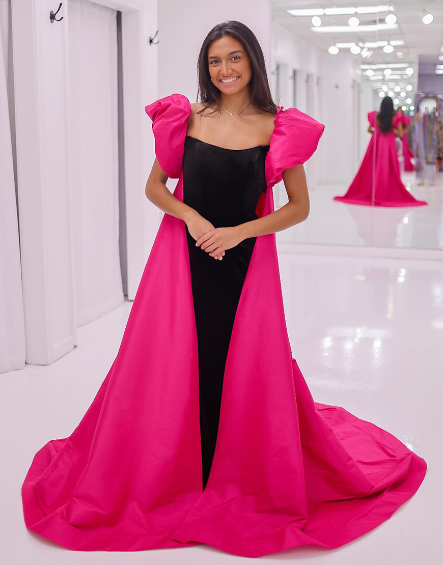 Black Bodycon Strapless Corset Prom Dress with Fuchsia Long Cape
