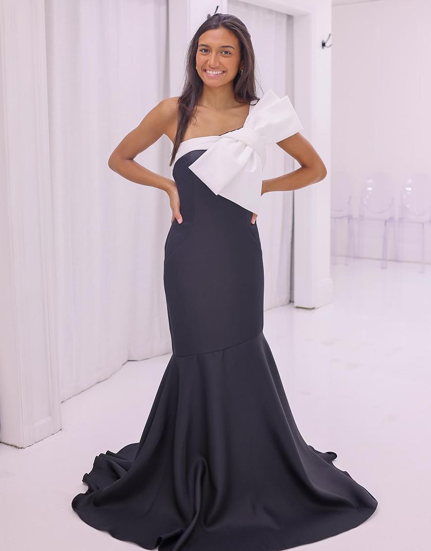 Black Bodycon Strapless Corset Prom Dress with White Bow