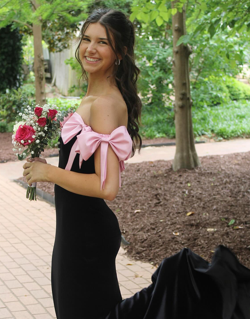 Black Mermaid Corset Split Long Prom Dress with Pink Bow Tie Straps 