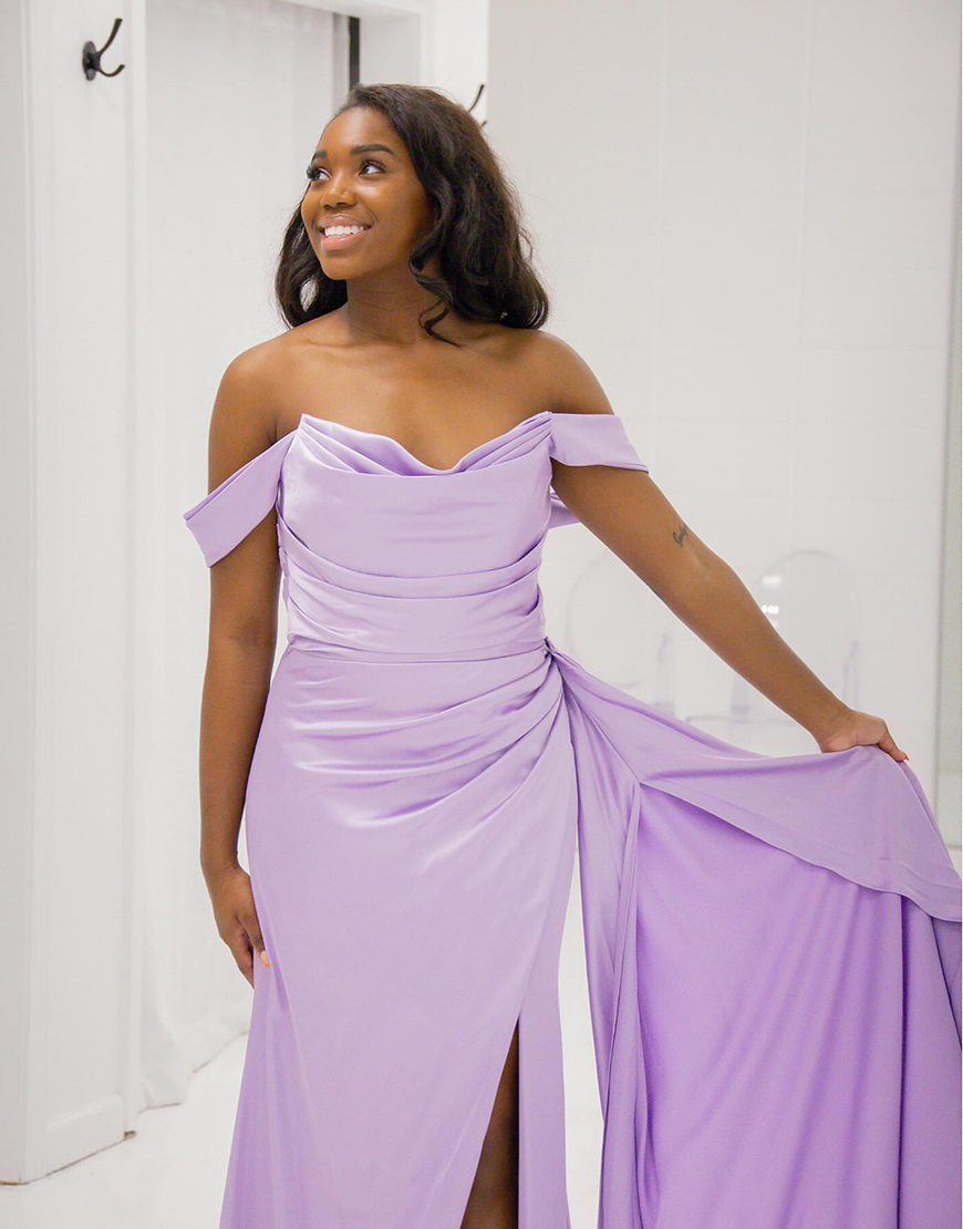 Lilac Mermaid Off the Shoulder Ruched Long Prom Dress with Streamer Slit