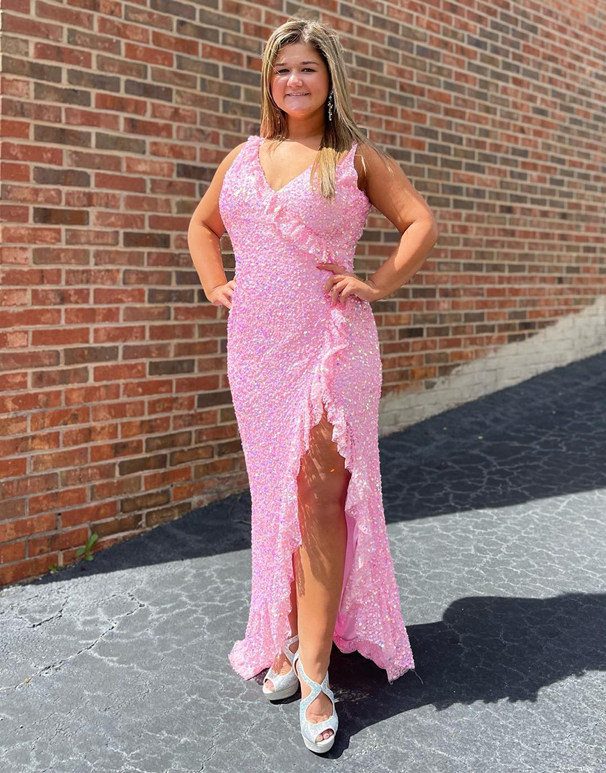 Sparkly Pink Mermaid V-Neck Long Prom Dress with Sequins Ruffles Slit