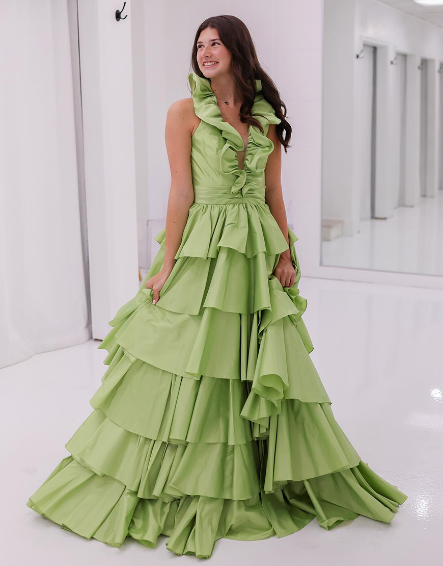 Tiered Ruffles Light Green A-Line Ruched V-Neck Long Prom Dress