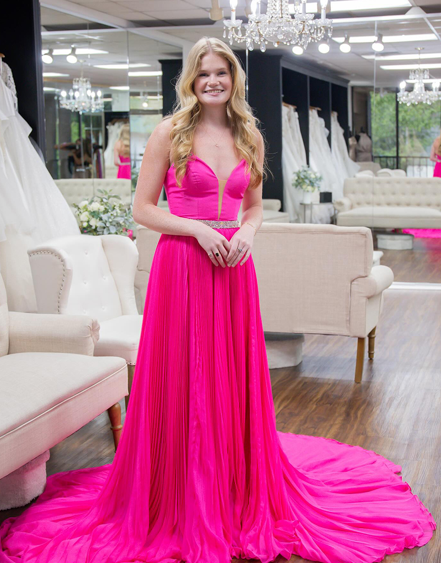 Sparkly Fuchsia A-Line Spaghetti Straps V-Neck Long Prom Dress with Rhinestones