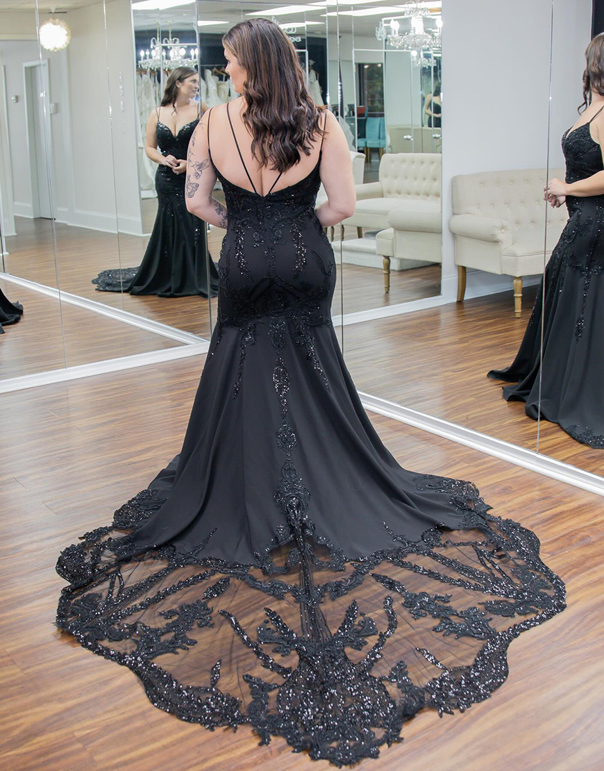 Sparkly Black A-Line Spaghetti Straps Long Prom Dress with Appliques