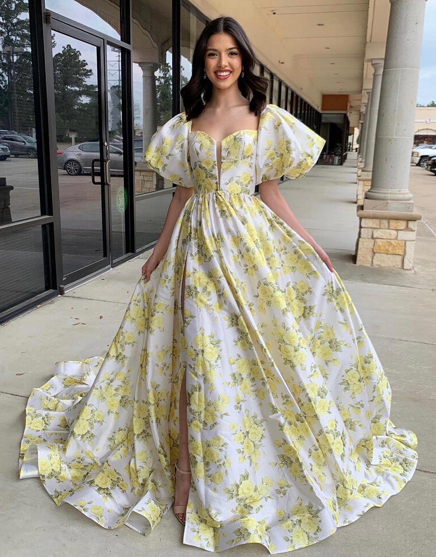 Yellow Floral A-Line Square Collar Puff Sleeve Long Prom Dress With Slit