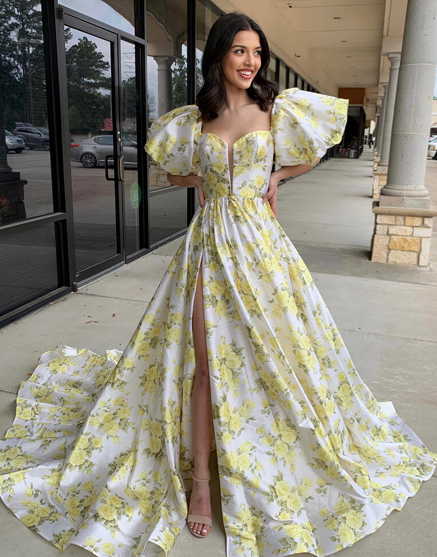 Yellow Floral A-Line Square Collar Puff Sleeve Long Prom Dress With Slit