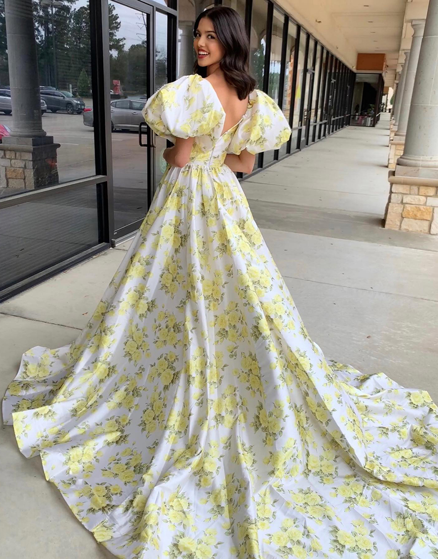 Yellow Floral A-Line Square Collar Puff Sleeve Long Prom Dress With Slit