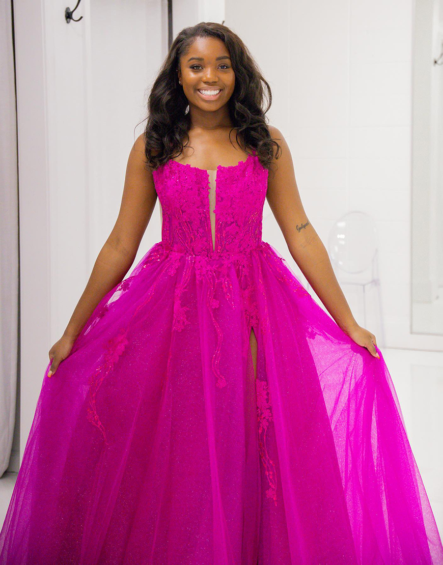 Sparkly Fuchsia A-Line Spaghetti Straps Tulle Long Prom Dress With Appliques