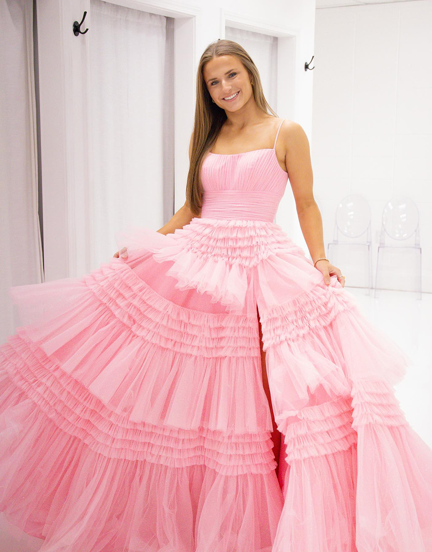 Pink A-Line Spaghetti Straps Tiered Tulle Sweetheart Long Prom Dress With Feather