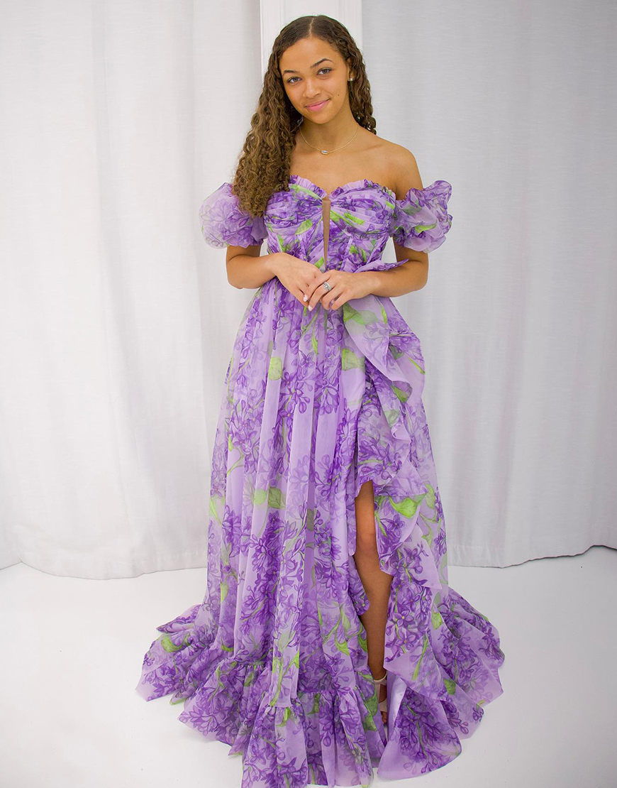 Purple Flower A-Line Off The Shoulder Puff Sleeve Long Prom Dress With Ruffles Slit