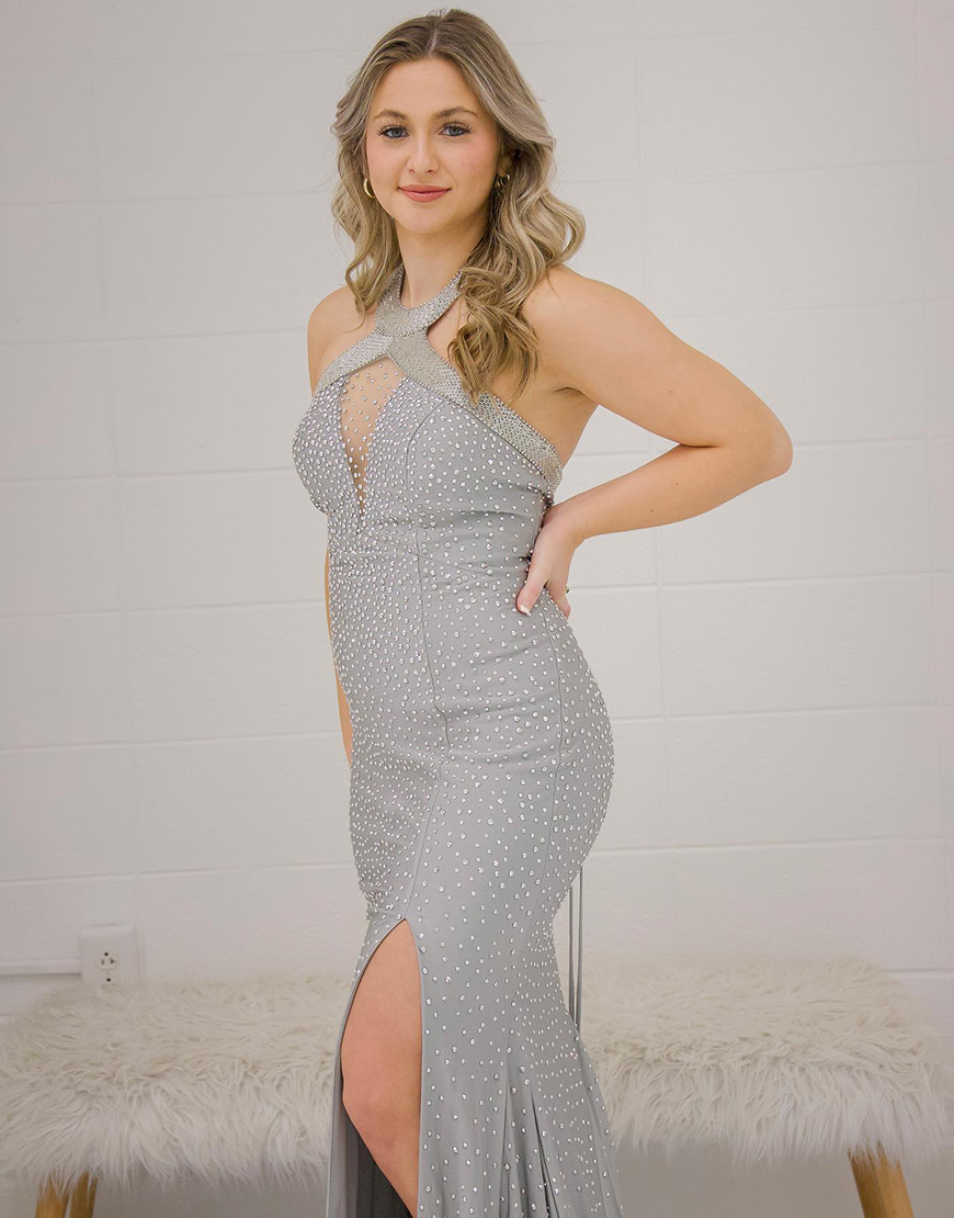 Sparkly Grey Mermaid Sequin Halter Long Prom Dress With Slit