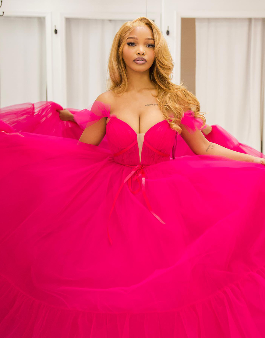 Elegant Fuchsia A-Line  Straps Off The Shoulder Tulle Long Prom Dress 