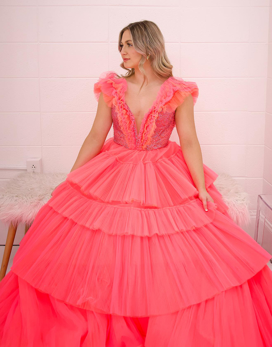 Elegant Coral A-Line  Straps V-Neck Tulle Long Prom Dress With Ruffle