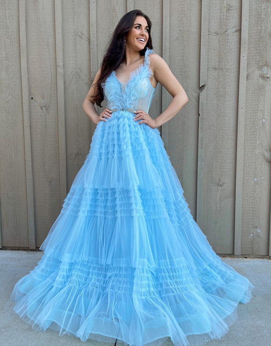 Light Blue A-Line  Straps V-Neck Tulle Long Prom Dress With Ruffle