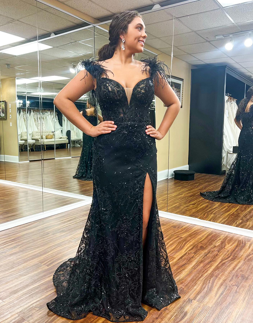 Sparkly Black Mermaid Feather Straps Sequined Appliques Long Prom Dress with Slit