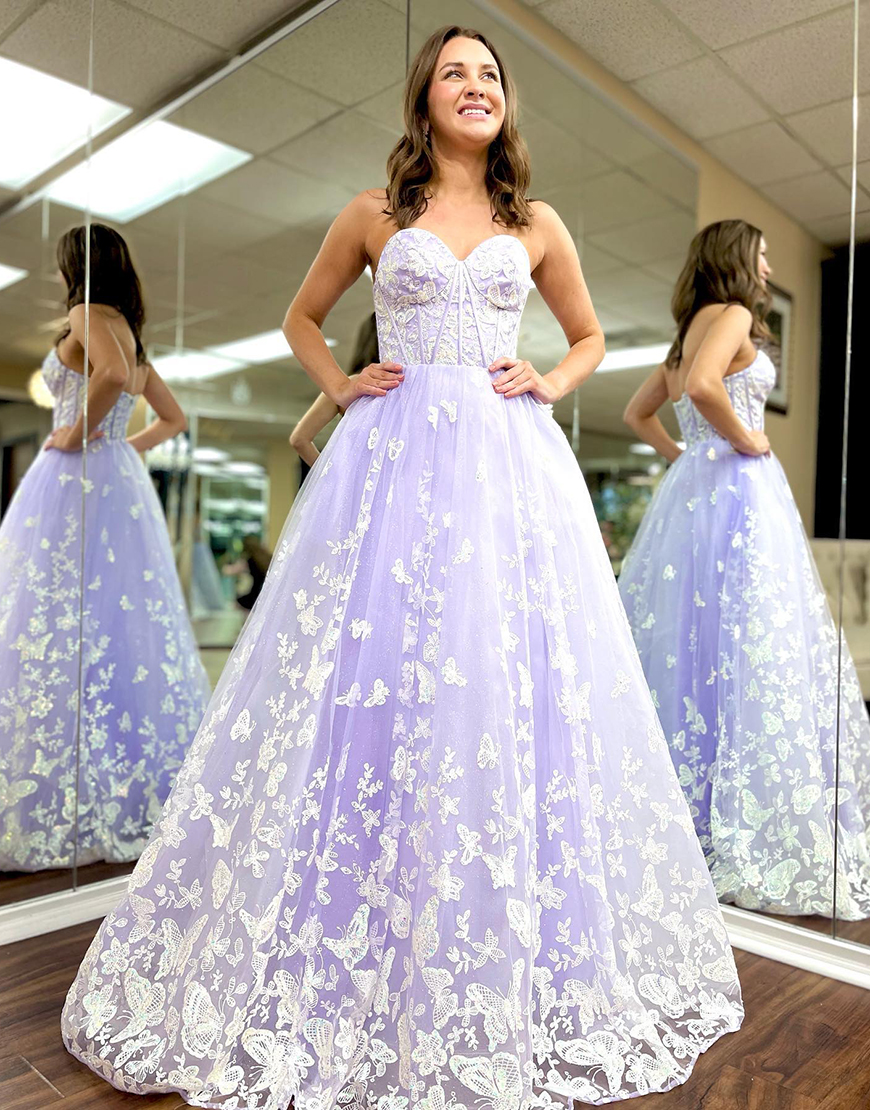 Elegant Lilac A-Line  Off The Shoulder Tulle Long Prom Dress With Appliques