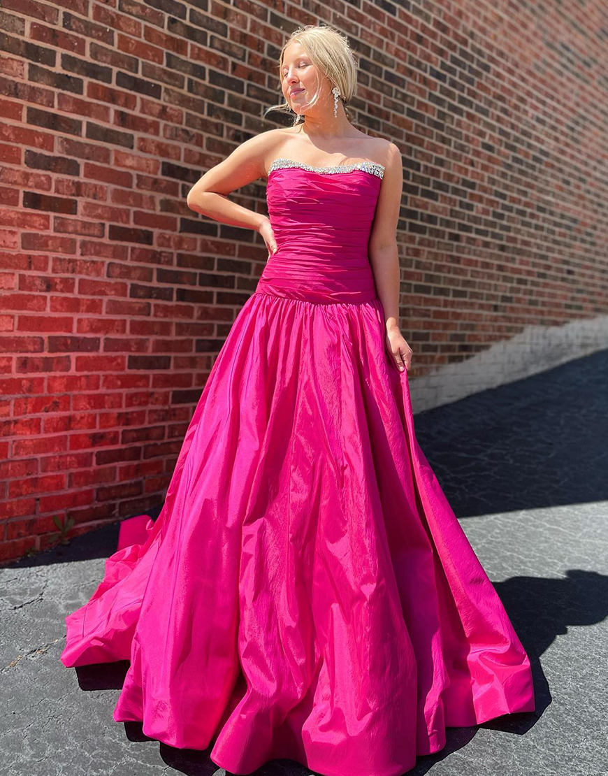Elegant Fuchsia A-Line  Off The Shoulder Beaded Ruffle Long Prom Dress With Beading