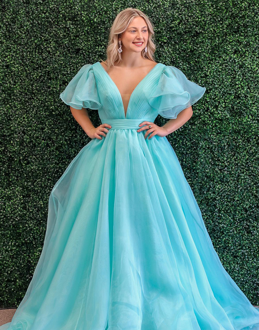 Elegant Green A-Line  V-Neck Corset Tulle Long Prom Dress With Ruffle