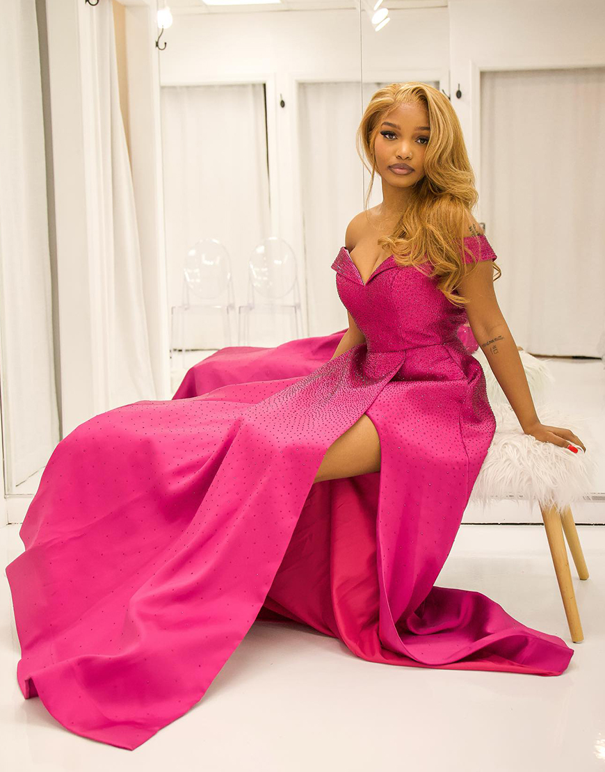 Sparkly Fuchsia A-Line Off The Shoulder Corset Sequined Long Prom Dress With Slit