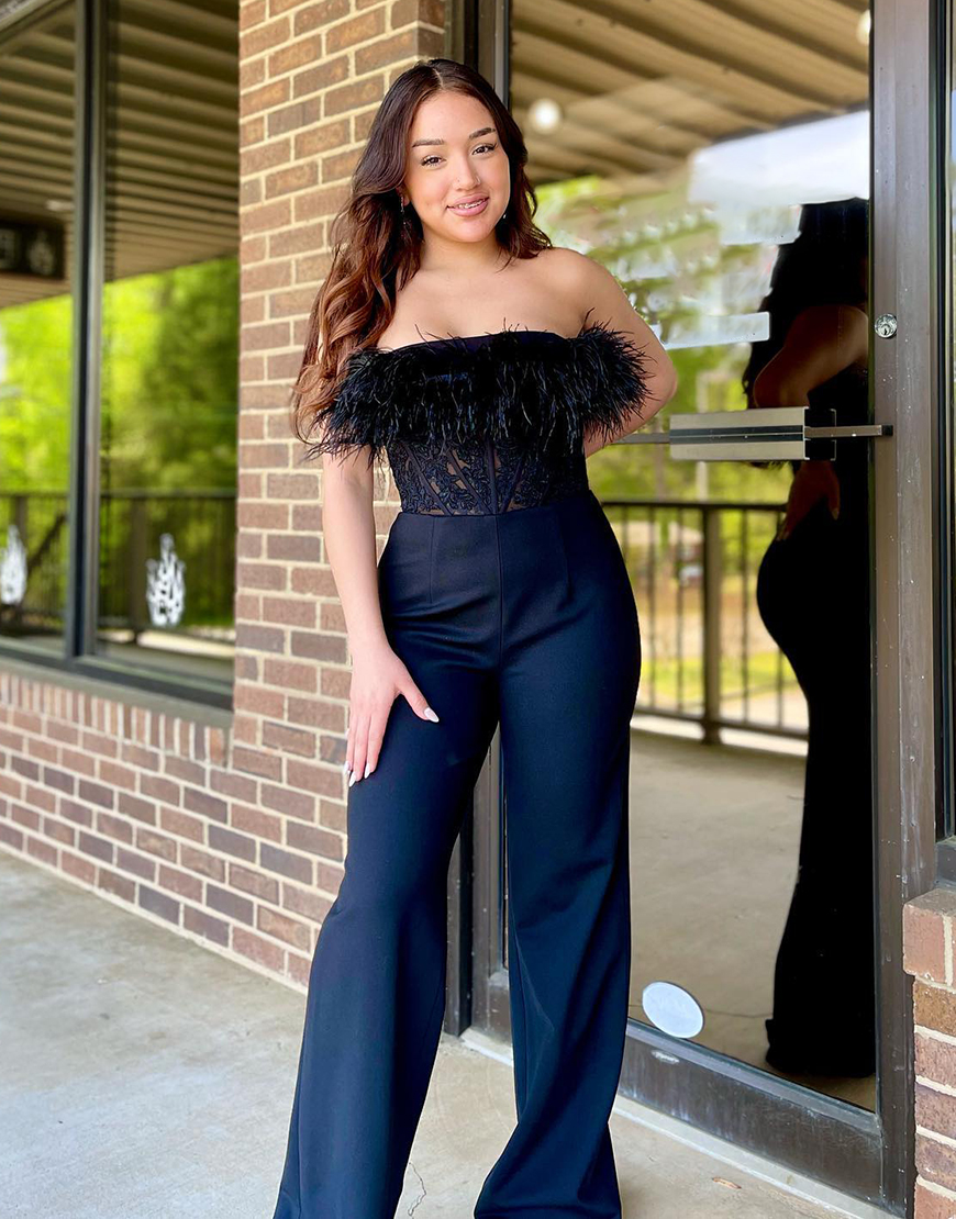 Graceful Black A-Line Off The Shoulder Feather Corset Long Prom Jumpsuit With Appliques