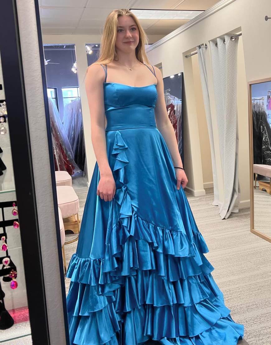 Elegant Royal Blue A-Line Spaghetti Straps Lace-Up Long Prom Dress With Ruffle