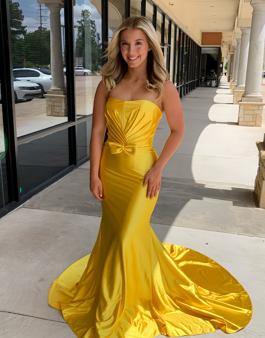 Graceful Yellow Mermaid Off The Shoulder Long Prom Dress with Bow