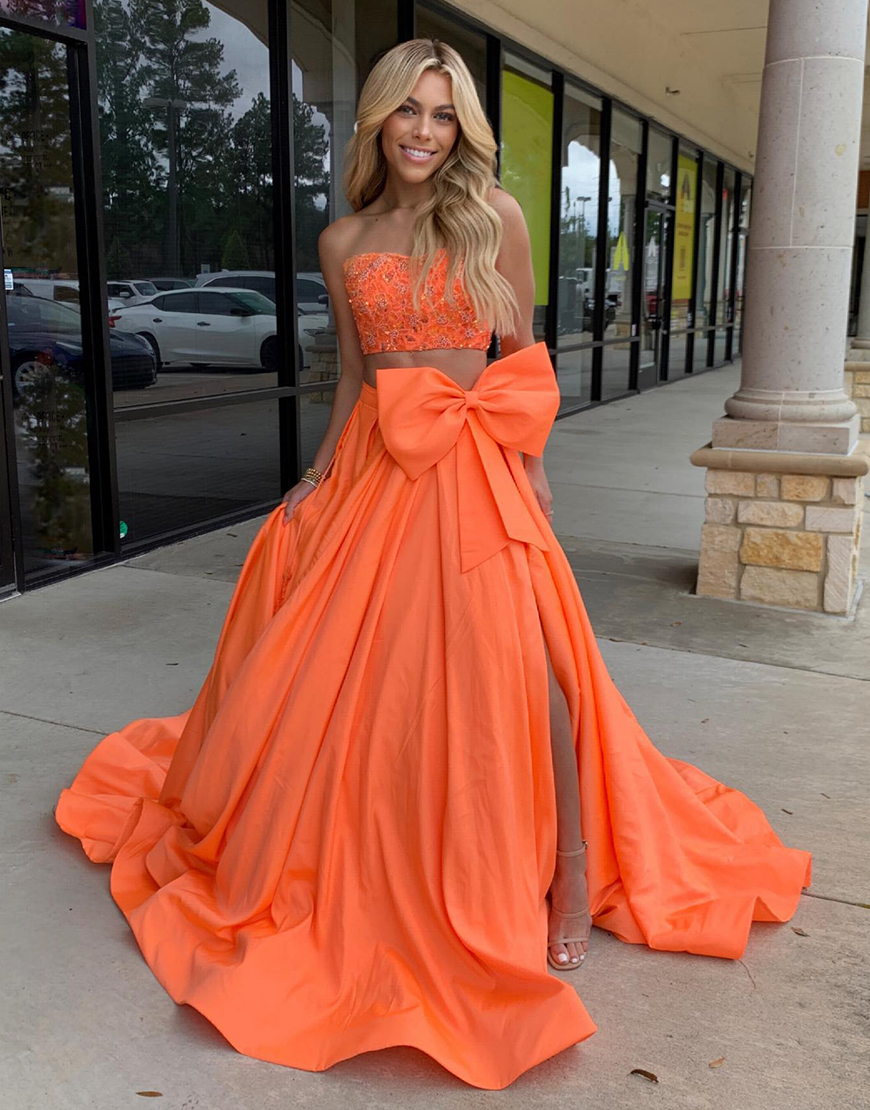 Graceful Yellow A-Line Sweetheart Expose Waist Appliques Slit Long Prom Dress With Bow