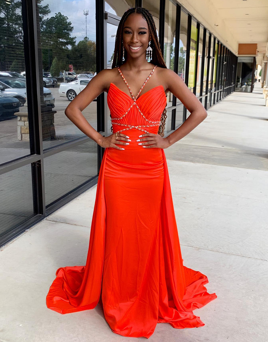 Orange Mermaid Halter Sweetheart Long Prom Dress with Rhinestones 