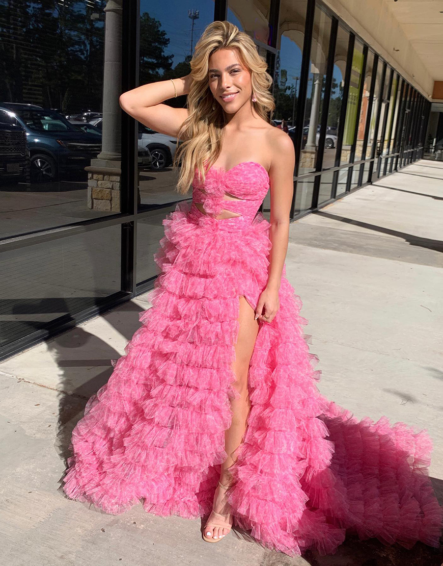 Graceful Pink A-Line Strapless Floral Corset Tulle Long Prom Dress With Slit