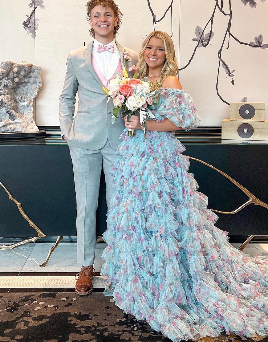 Graceful Blue Floral  A-Line Off The Shoulder Tulle Long Prom Dress With Appliques