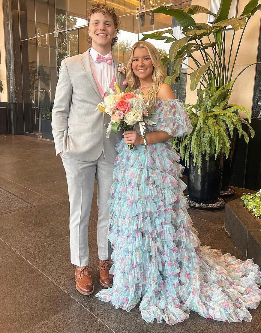 Graceful Blue Floral  A-Line Off The Shoulder Tulle Long Prom Dress With Appliques