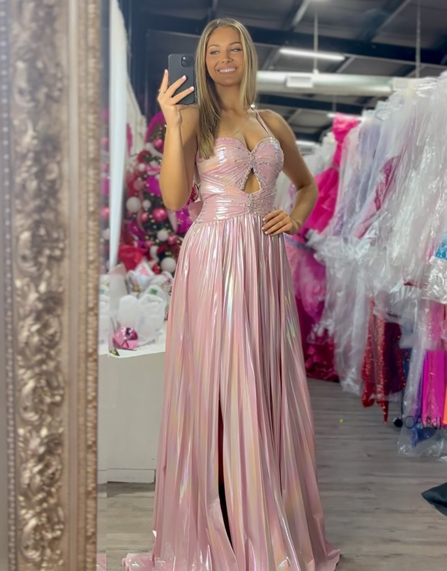 Elegant Pink A-Line Halter Lace-Up Ruched Long Prom Dress with Bow