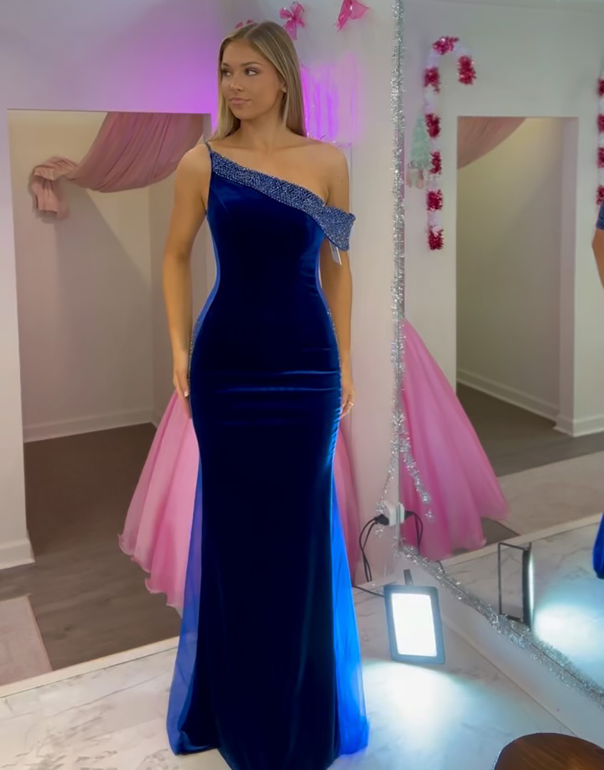 Sparkly Dark Blue Mermaid One Shoulder Sequined Long Prom Dress 