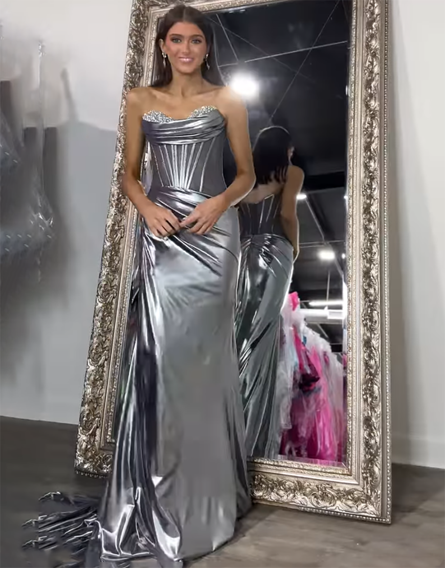 Sparkly Silver Mermaid Strapless Corset Sequined Long Prom Dress With Slit