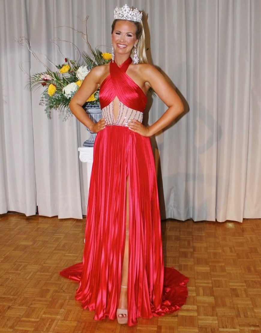 Sparkly Red A-Line Halter Beaded Corset Ruched Long Prom Dress with Slit