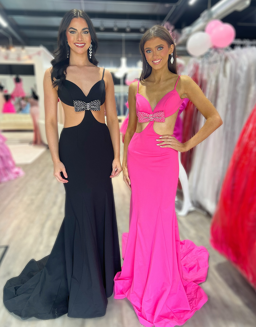 Elegant Black Mermaid Spaghetti Straps Expose Waist  Long Prom Dress With Beaded Bow