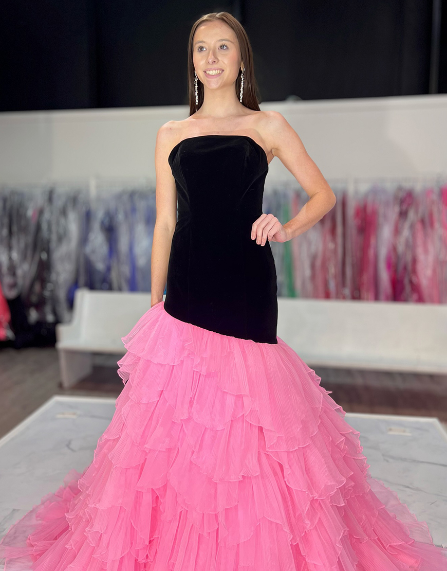 Elegant Black Pink Mermaid Straps Tulle Long Prom Dress With Ruffle
