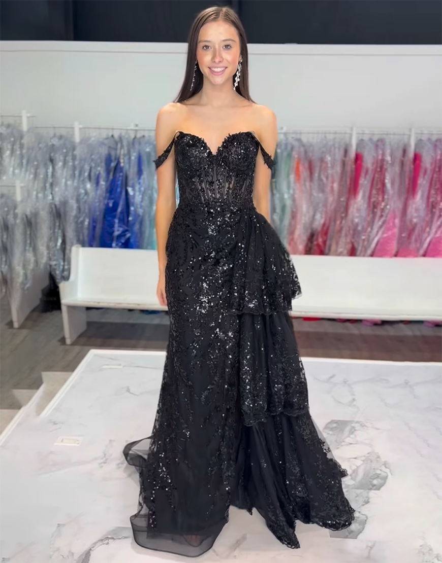 Sparkly Black A-Line Off The Shoulder Sequined Corset Tulle Long Prom Dress with Slit