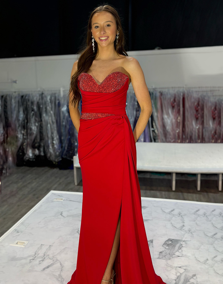 Sparkly Red Mermaid Strapless Sequined Corset Long Prom Dress With Slit