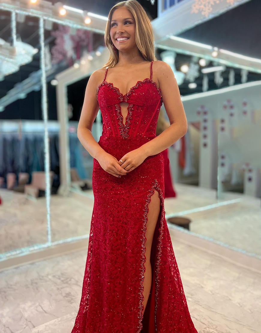 Sparkly Dark Red Mermaid Spaghetti Straps Lace Corset Long Prom Dress With Slit