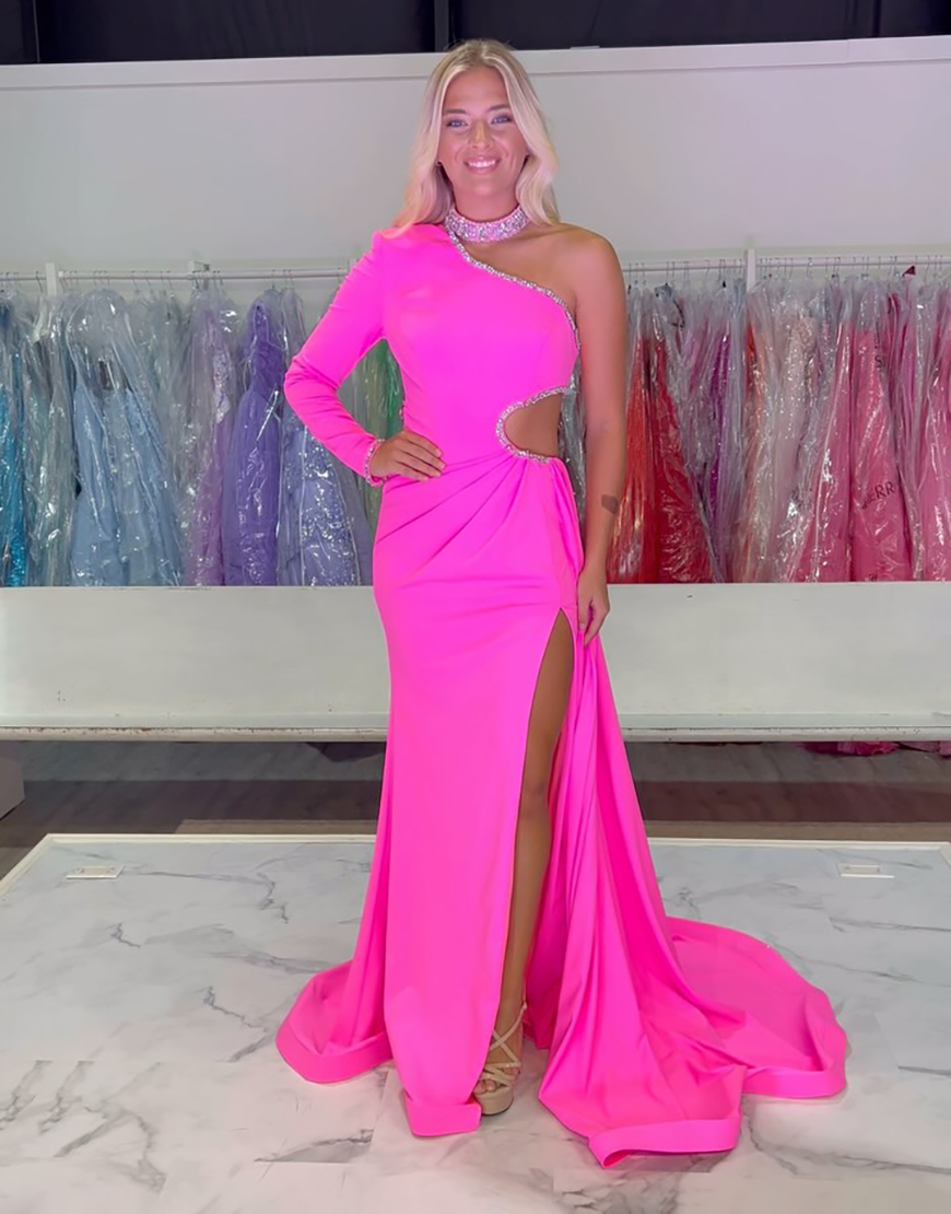 Sparkly Fuchsia Mermaid One Shoulder Long Sleeve Sequined Long Prom Dress With Slit