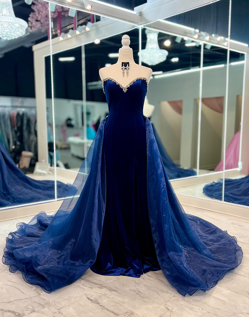 Berlinnova Women Sparkly Navy Long Prom Dress Mermaid Strapless Beaded Formal Dress With Sweeping Train