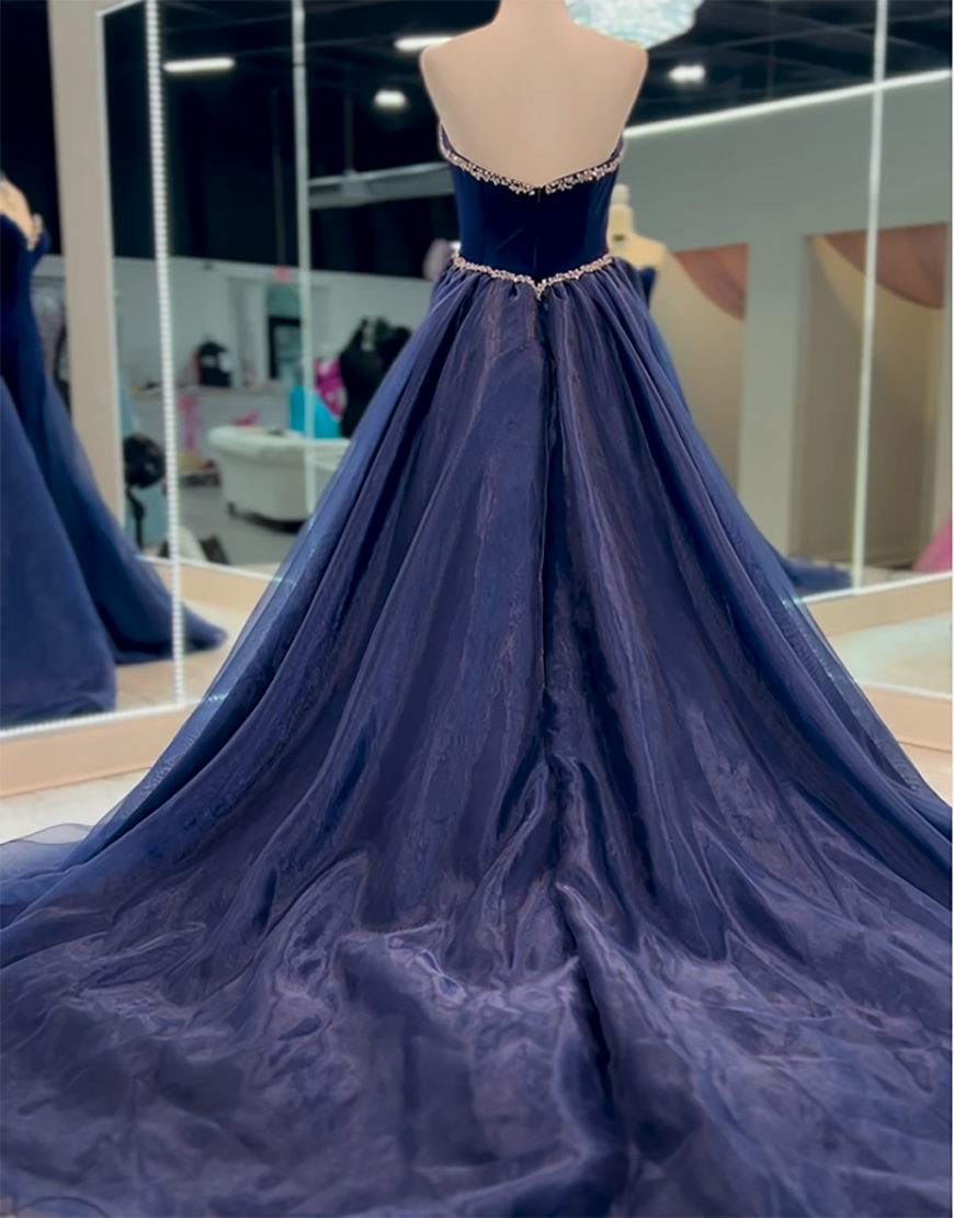 Berlinnova Women Sparkly Navy Long Prom Dress Mermaid Strapless Beaded Formal Dress With Sweeping Train