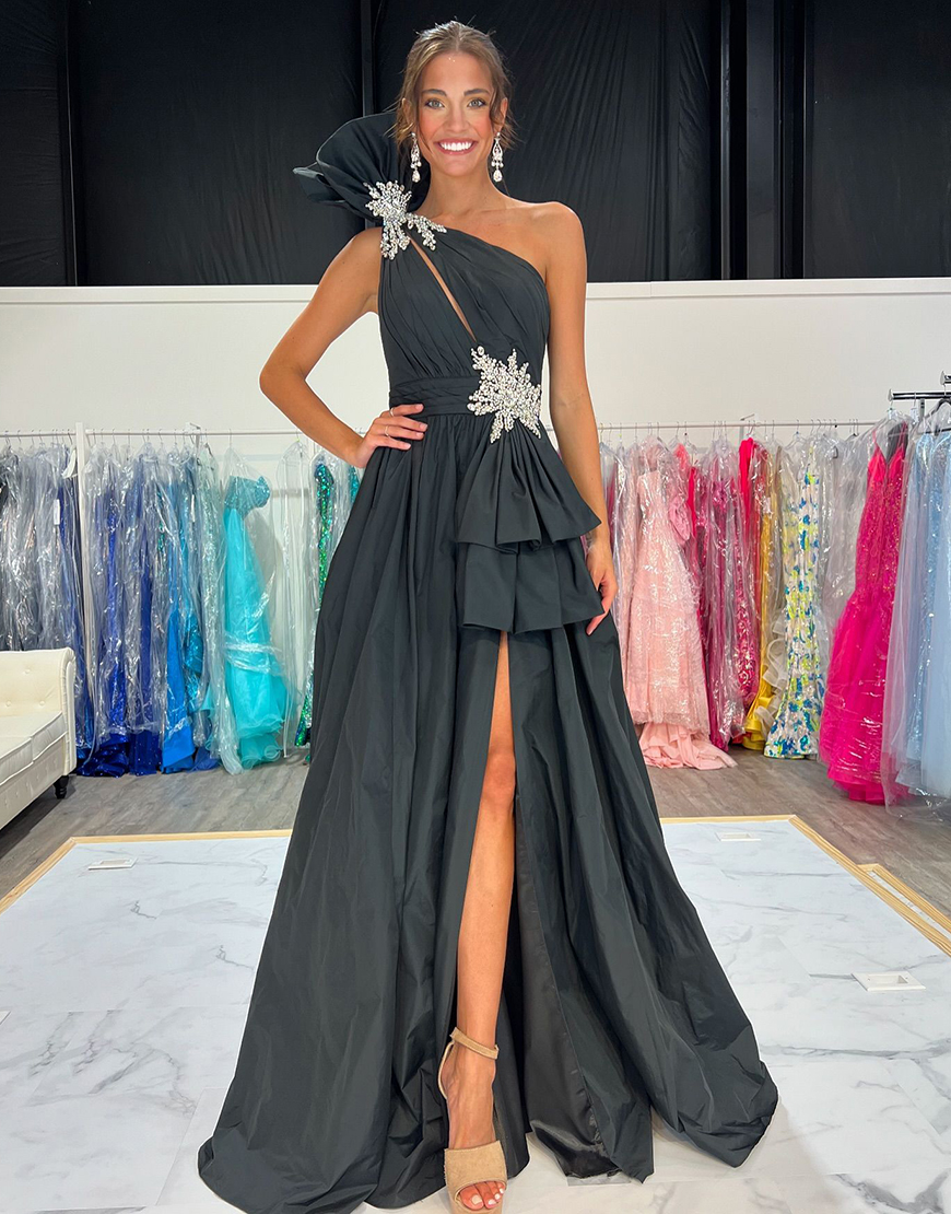 Sparkly Black A-Line Strapless One Shoulder Ruched Split Long Prom Dress With Embroidery