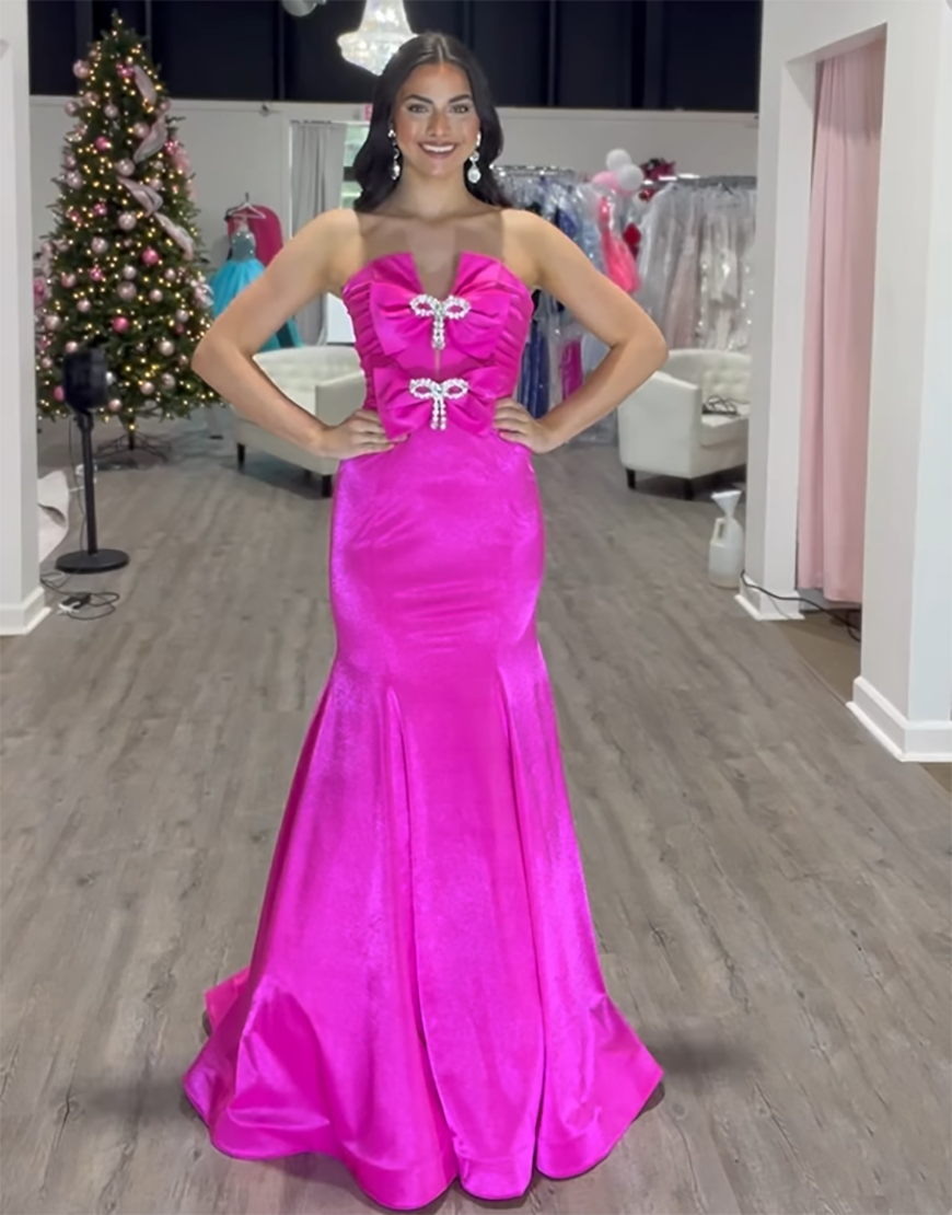 Sparkly Fuchsia Mermaid Strapless Corset Ruffled Long Prom Dress With Embroidery Bow