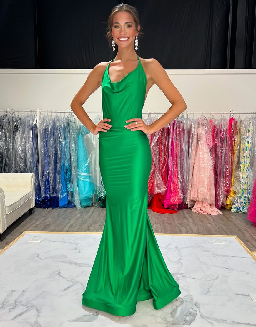 Mermaid Halter Green Open Back Ruched Long Prom Dress