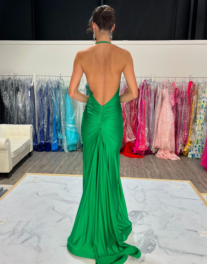 Mermaid Halter Green V-Neck Ruched Long Prom Dress With Open Back 