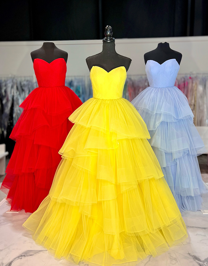 Yellow A-Line Strapless Corset Tiered Tulle Long Prom Dress
