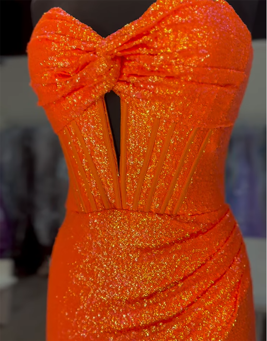 Sparkly Orange Mermaid Strapless Corset Sequins Long Prom Dress with Slit