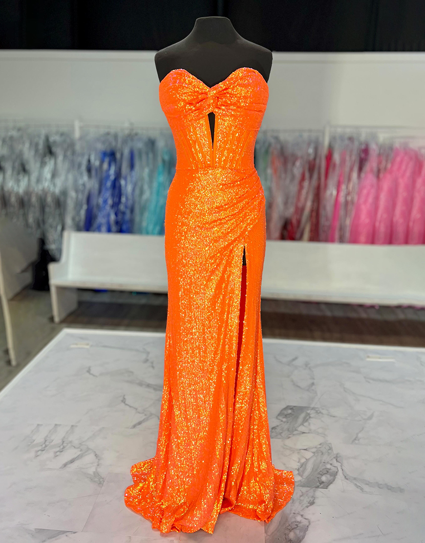 Sparkly Orange Mermaid Strapless Corset Sequins Long Prom Dress with Slit